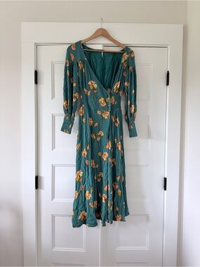 READ Free People Teal Floral Wrap Midi Dress with Smocked Cuffs Button Close XS